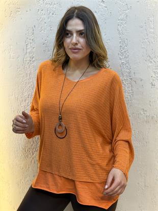 Sim Şerit Kolyeli İthal Üçlü Takım Bluz Turuncu