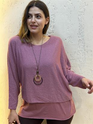Sim Şerit Kolyeli İthal Üçlü Takım Bluz Pembe