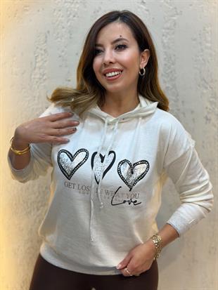 Simli Kapüşonlu Triko Sweatshirt Ekru