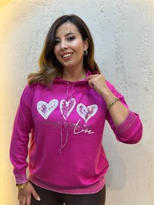 Simli Kapüşonlu Triko Sweatshirt Fuşya
