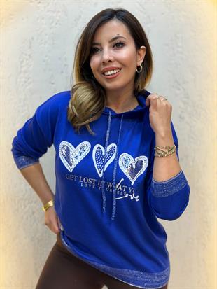 Simli Kapüşonlu Triko Sweatshirt Saks Mavi