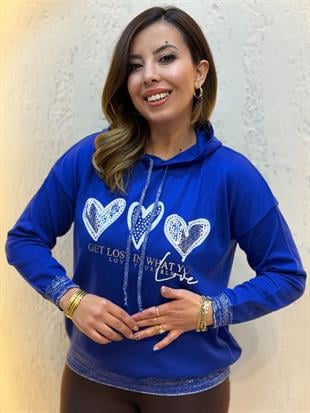 Simli Kapüşonlu Triko Sweatshirt Saks Mavi