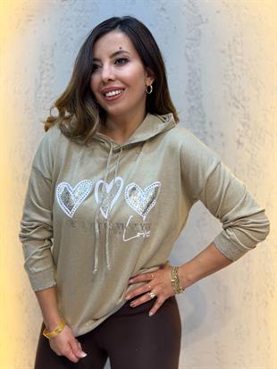 Simli Kapüşonlu Triko Sweatshirt Vizon