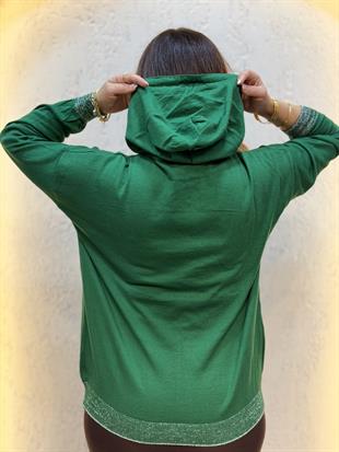 Simli Kapüşonlu Triko Sweatshirt Yeşil