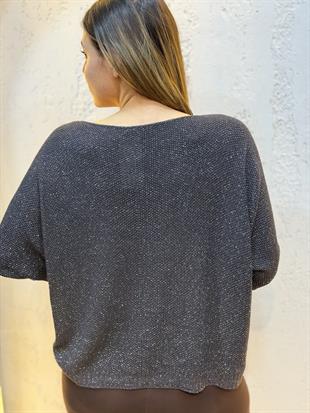 Simli V Yaka İthal Merserize Bluz Acı Kahve