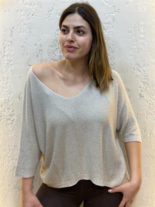 Simli V Yaka İthal Merserize Bluz Krem
