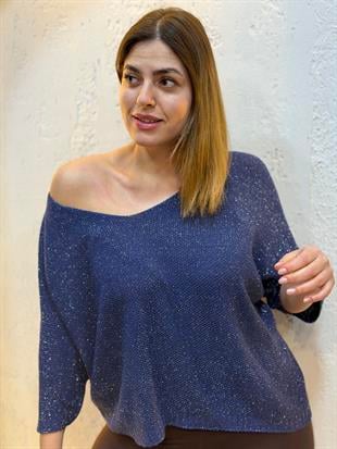Simli V Yaka İthal Merserize Bluz Lacivert