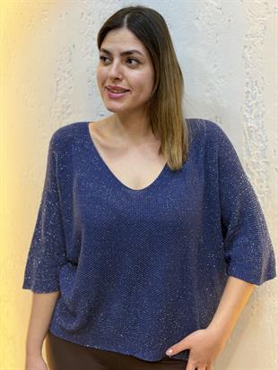 Simli V Yaka İthal Merserize Bluz Lacivert