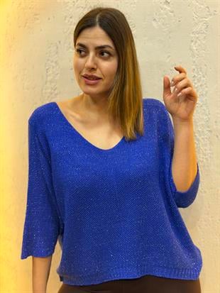 Simli V Yaka İthal Merserize Bluz Saks Mavi
