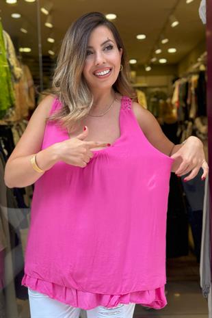Sırt Örgü Detaylı Kolsuz Bluz Pembe