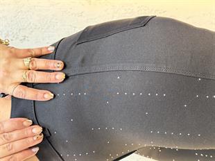 Taş Detaylı Beli Lastikli Yüksek Bel Toparlayıcı Punto Kumaş Tayt Pantolon Siyah