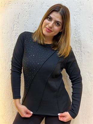 Taşlı Dikiş Detaylı Yuvarlak Yaka Uzun Kollu Pamuk Bluz Siyah