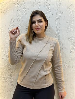 Taşlı Dikiş Detaylı Yuvarlak Yaka Uzun Kollu Pamuk Bluz Krem
