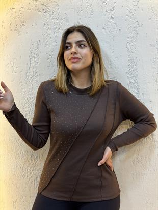 Taşlı Dikiş Detaylı Yuvarlak Yaka Uzun Kollu Pamuk Bluz Acı Kahve