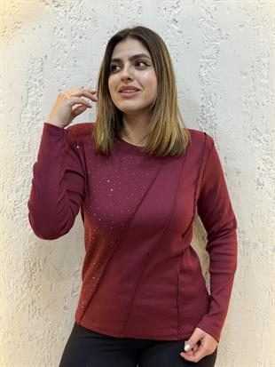Taşlı Dikiş Detaylı Yuvarlak Yaka Uzun Kollu Pamuk Bluz Bordo