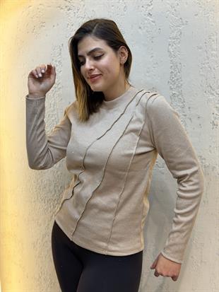 Taşlı Dikiş Detaylı Yuvarlak Yaka Uzun Kollu Pamuk Bluz Krem