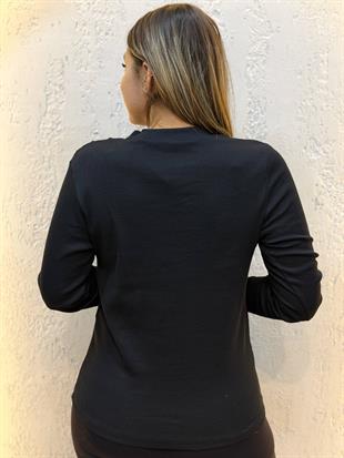 Taşlı Dikiş Detaylı Yuvarlak Yaka Uzun Kollu Pamuk Bluz Siyah