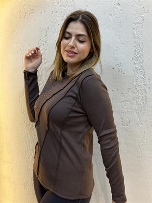 Taşlı Dikiş Detaylı Yuvarlak Yaka Uzun Kollu Pamuk Bluz Acı Kahve