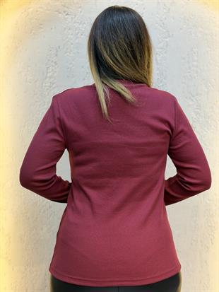 Taşlı V Yaka Uzun Kollu Pamuk Bluz Bordo