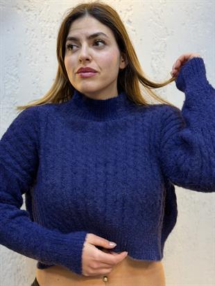 Tüycüklü Saç Örgü Crop Kazak Lacivert
