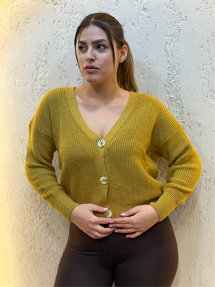 Üç Düğmeli Crop Hırka Camel