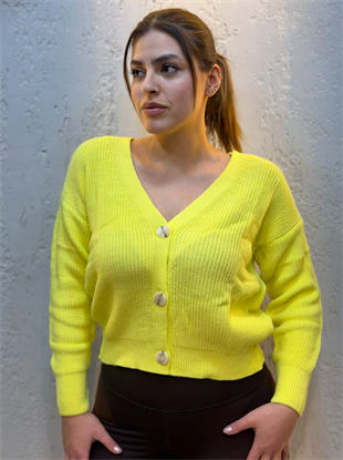 Üç Düğmeli Crop Hırka Limon Sarısı