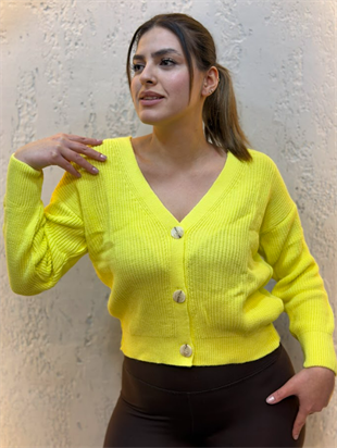 Üç Düğmeli Crop Hırka Limon Sarısı