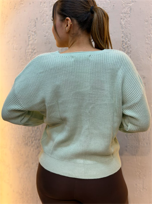 Üç Düğmeli Crop Hırka Su Yeşili