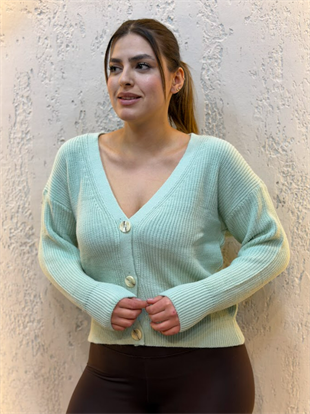 Üç Düğmeli Crop Hırka Su Yeşili