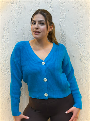 Üç Düğmeli Crop Hırka Turkuaz