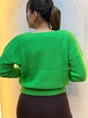 Üç Düğmeli Crop Hırka Yeşil