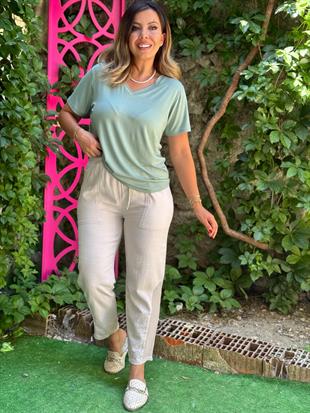 V Yaka Basic T-shirt Su Yeşili