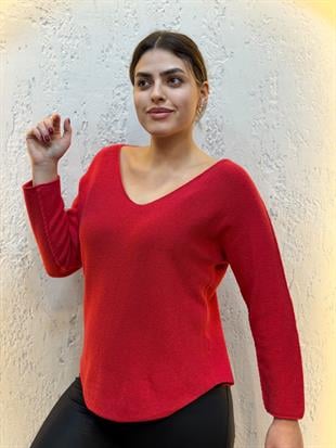 V Yaka İthal Kaşmir Bluz Kırmızı