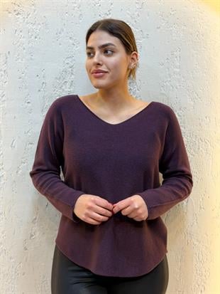 V Yaka İthal Kaşmir Bluz Patlıcan Moru