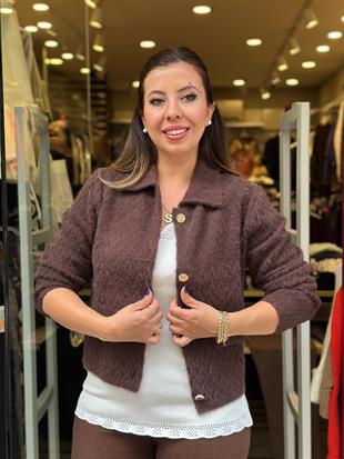 Yaka Detaylı Gold Düğmeli Hırka Acı Kahve