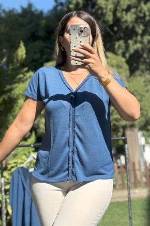 Yaka Püskül Detaylı Bluz Lacivert