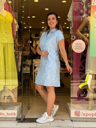 Yakalı Batik Elbise Bebe Mavisi