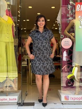 Yakalı Batik Elbise Siyah