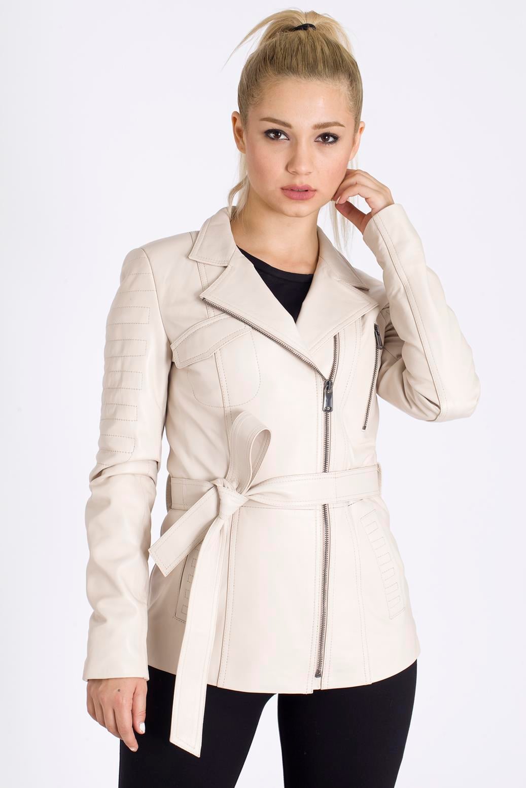 Bayan Bej Rengi Gerçek Deri Mont