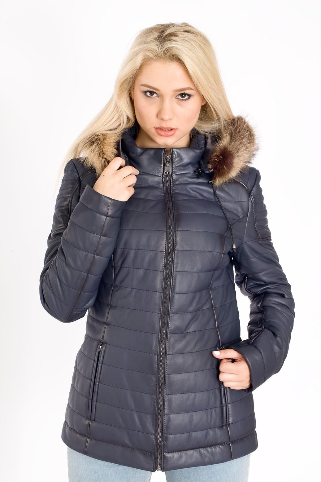 Bayan Kapşonlu Şişme Deri Mont