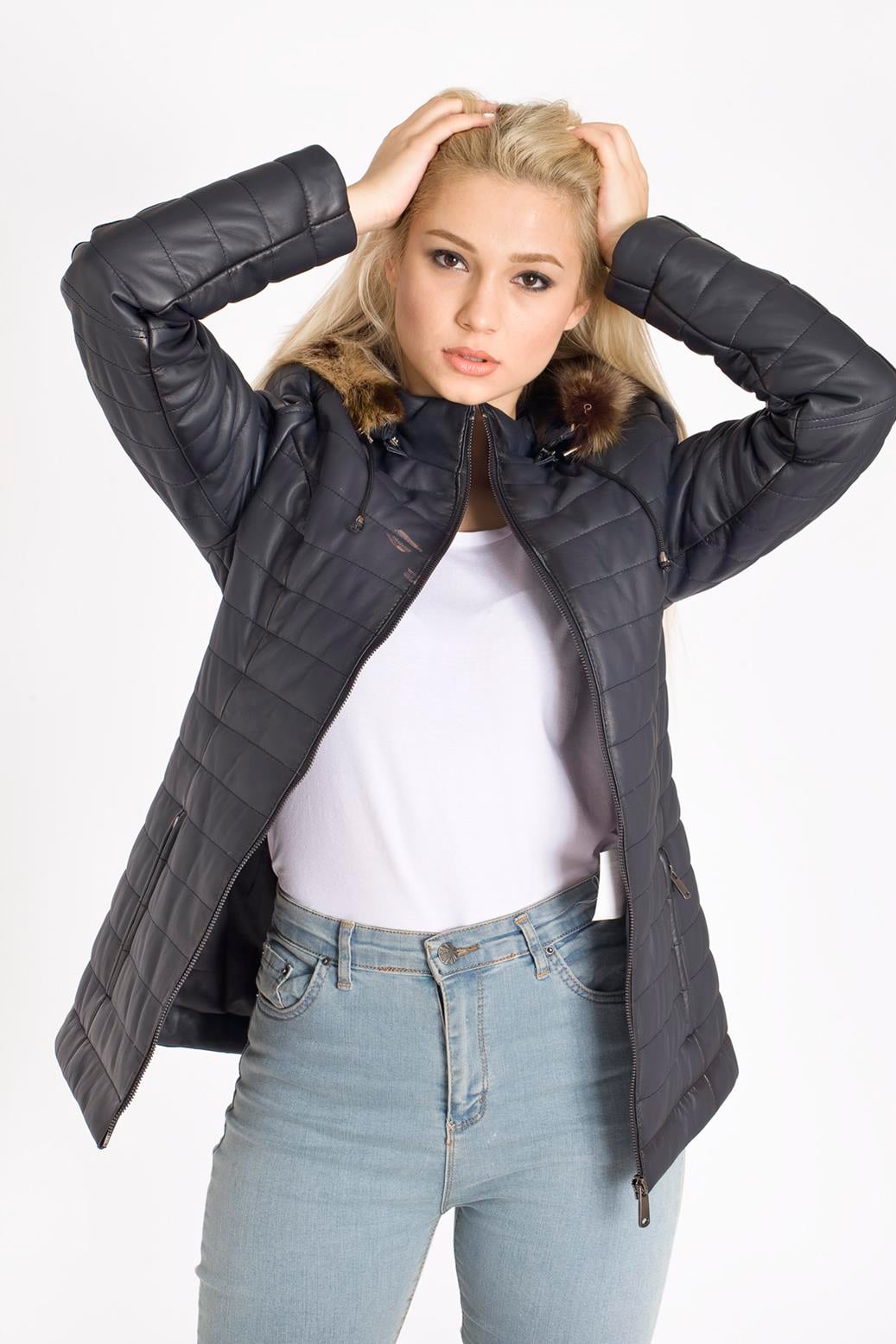 Bayan Kapşonlu Şişme Deri Mont