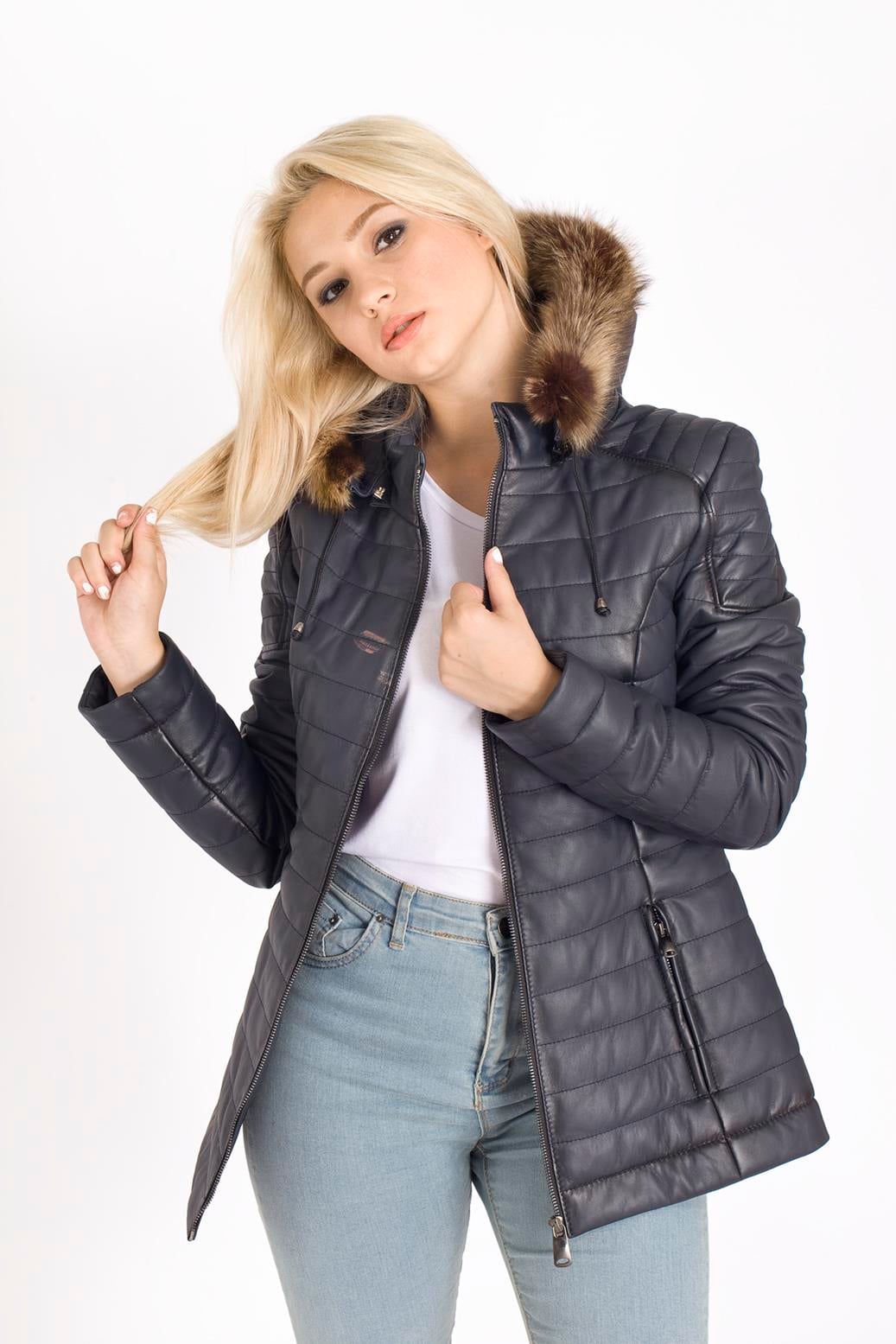 Bayan Kapşonlu Şişme Deri Mont