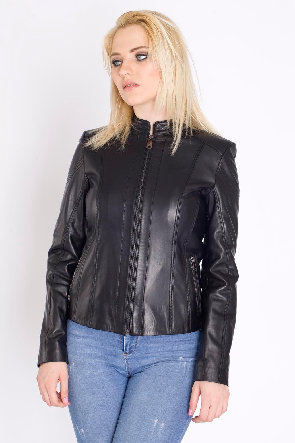 Bayan Kısa Siyah Deri Mont