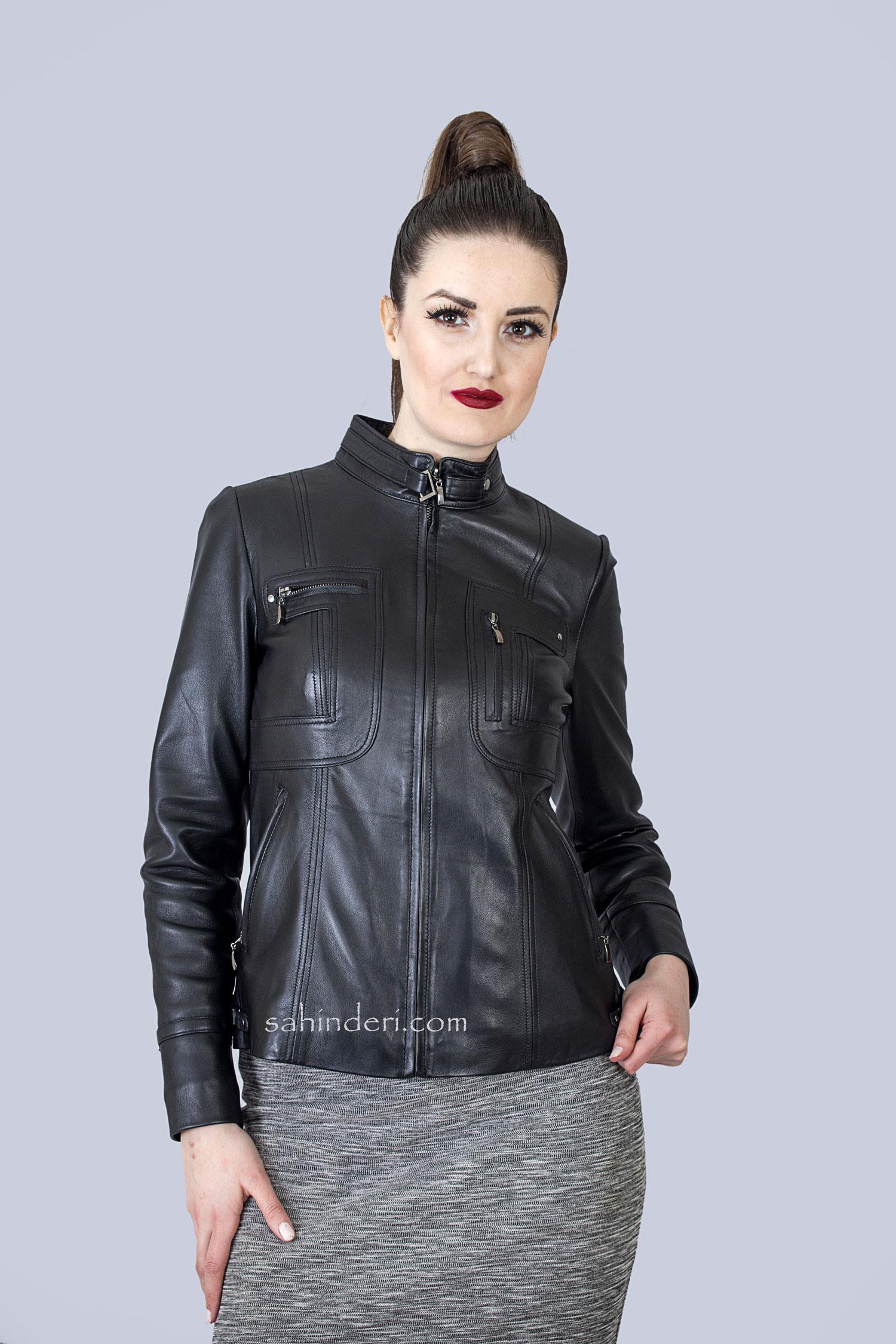 Bayan Kısa Siyah Hakiki Deri Mont