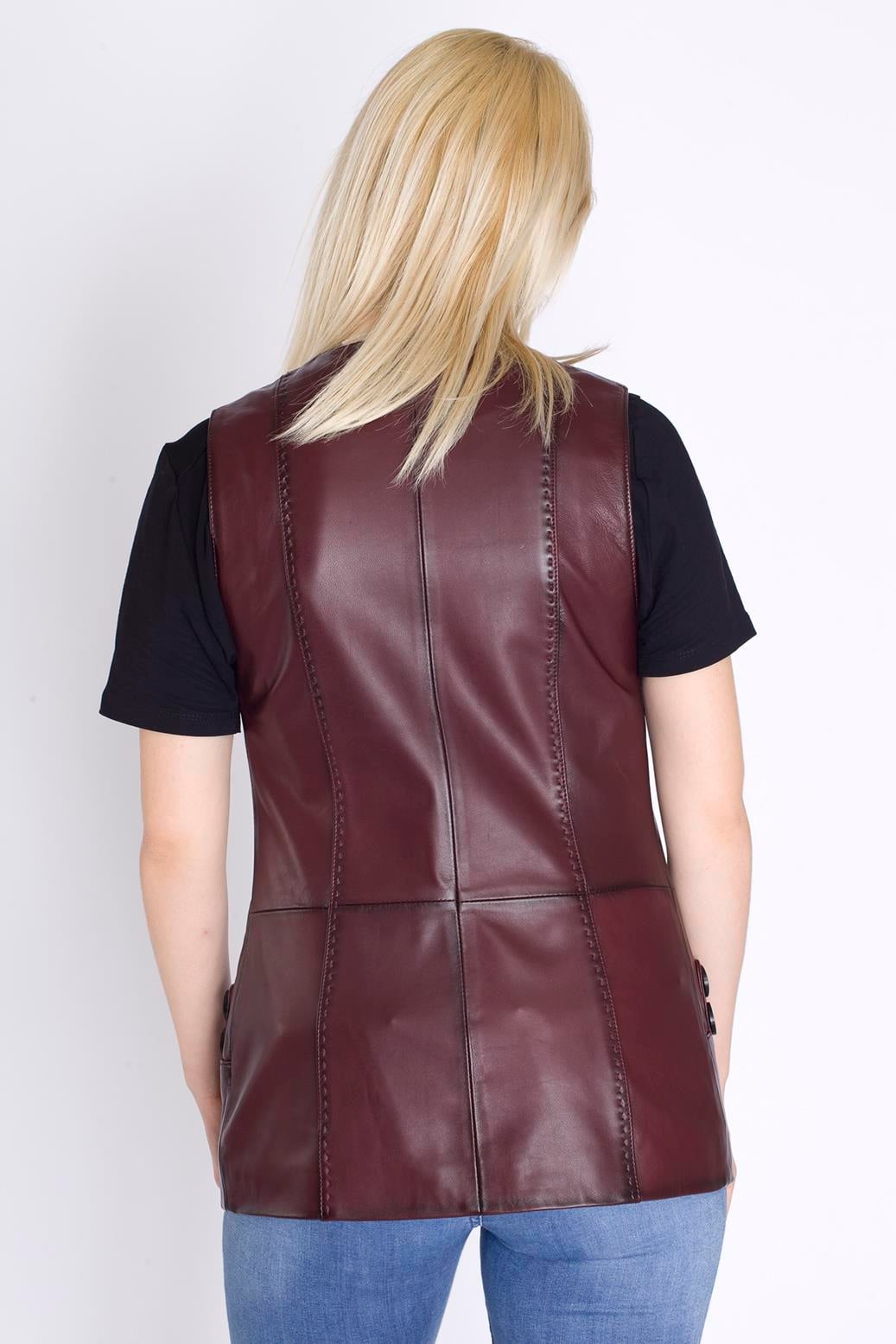 Bayan Uzun Bordo Deri Yelek