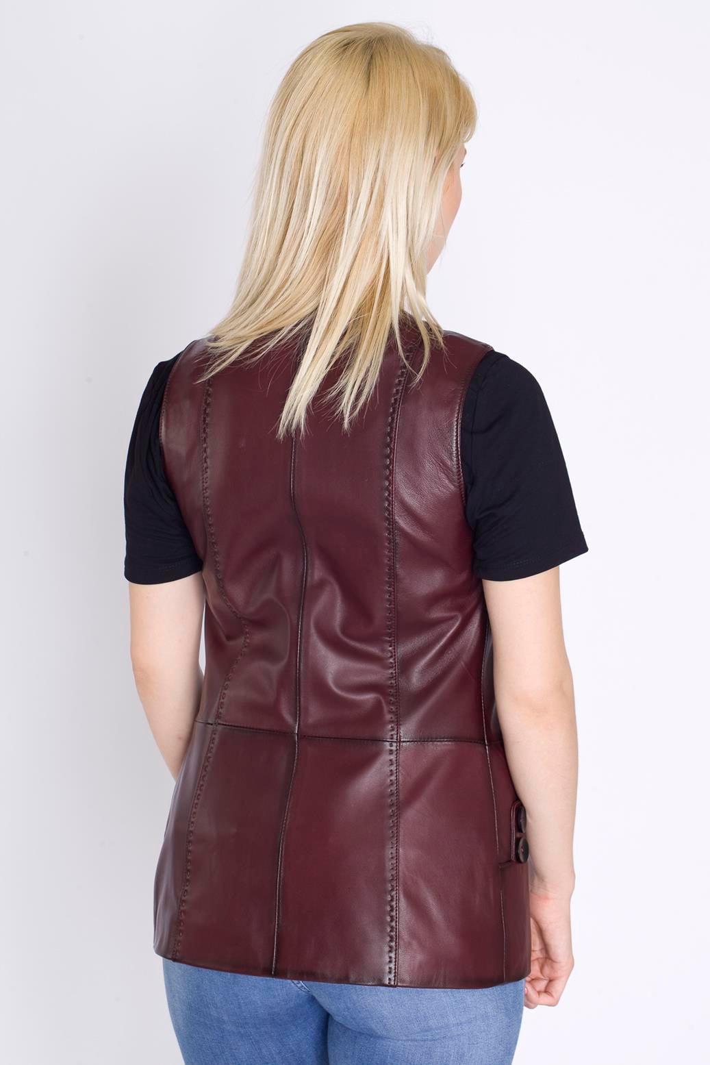 Bayan Uzun Bordo Deri Yelek