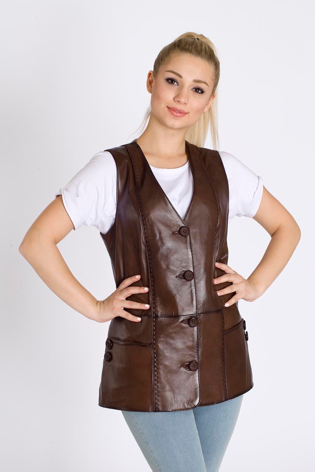 Bayan Uzun Hakiki Deri Yelek