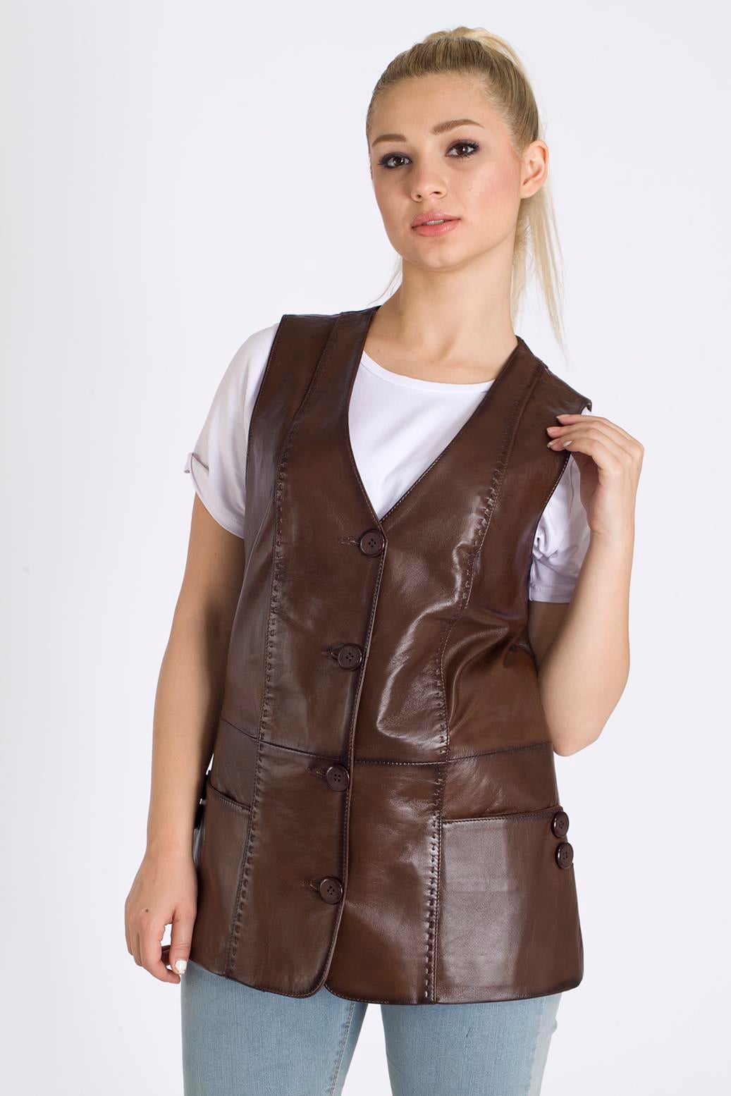 Bayan Uzun Hakiki Deri Yelek