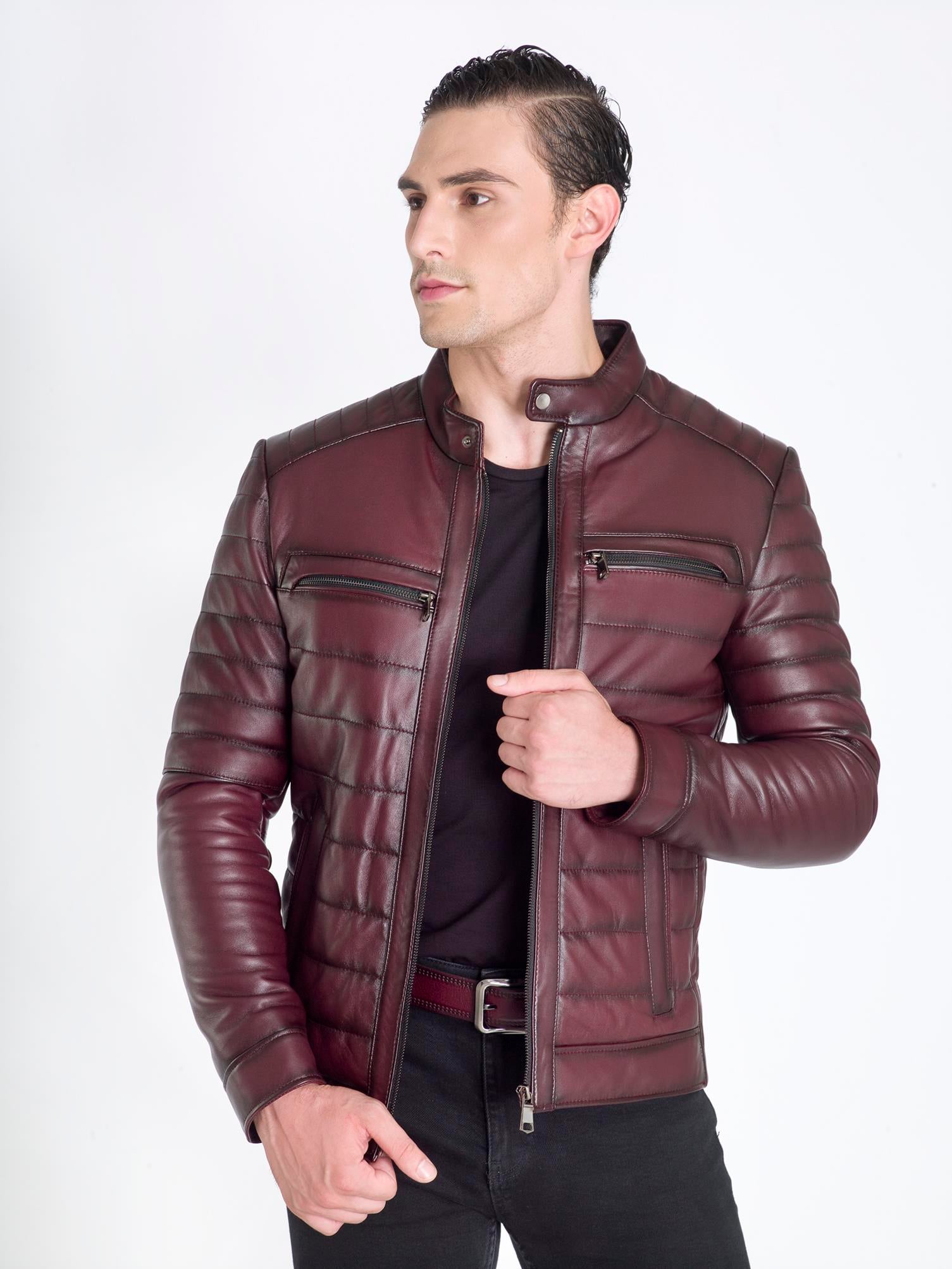 Bordo Erkek Spor Şişme Gerçek Deri Mont