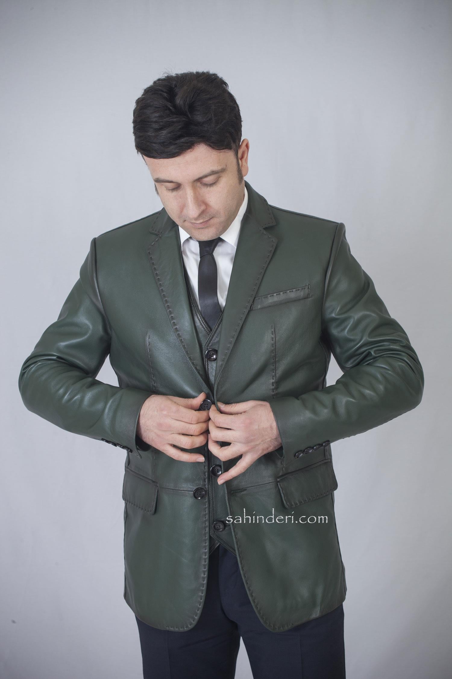 Erkek Yeşil Blazer Deri Ceket